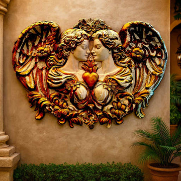 Luxurious high-relief wall mural featuring two angelic figures with golden wings embracing around a glowing red heart, handcrafted in ornate detail for artistic and romantic home décor.