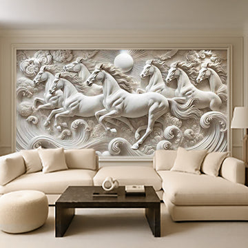 Seven Running Horses 3D Wall Mural – Handcrafted Resin Art for Vastu & Luxury Interiors