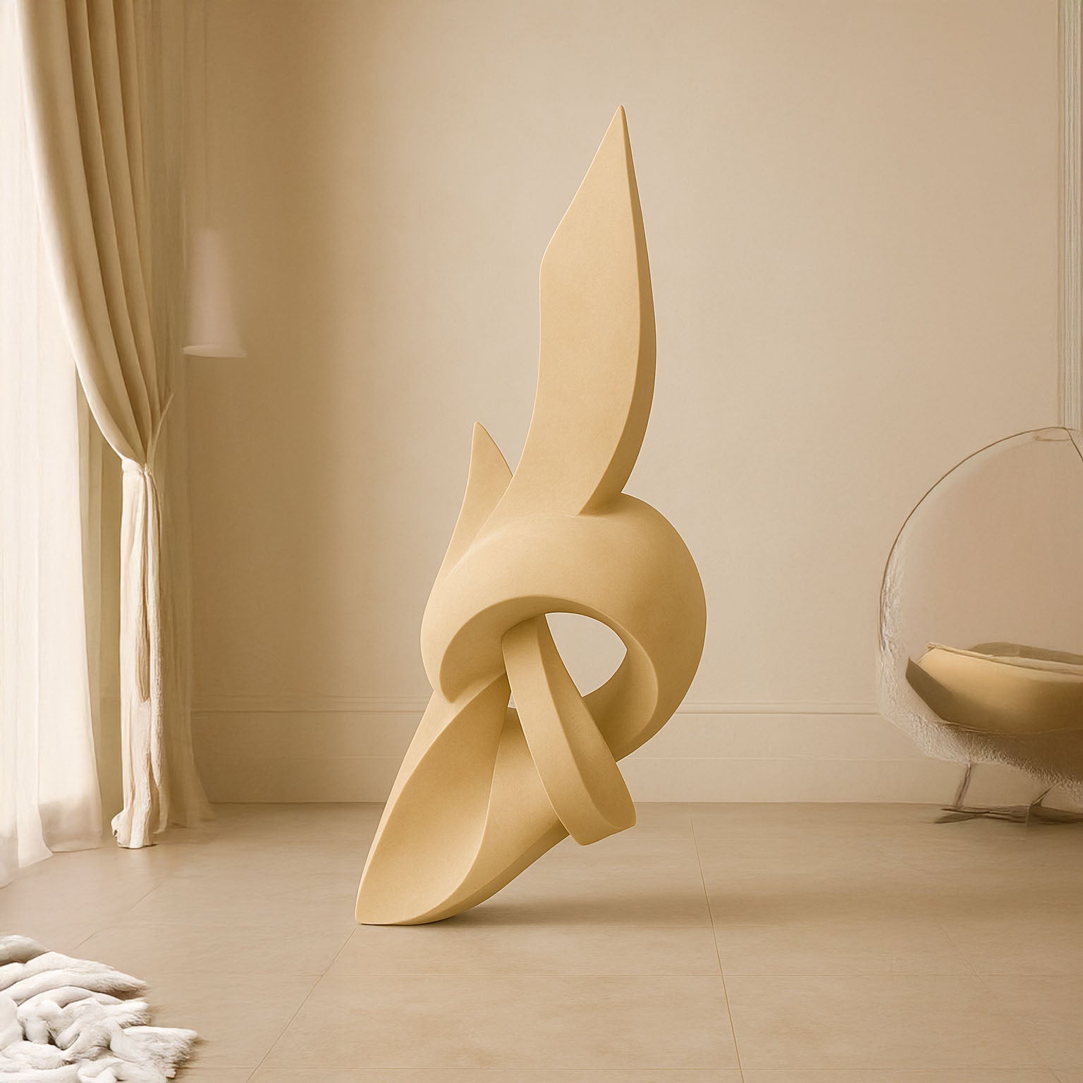 Contemporary knot-inspired abstract sculpture in a smooth beige stone finish, displayed in a minimalist luxury interior with soft drapes and designer seating.