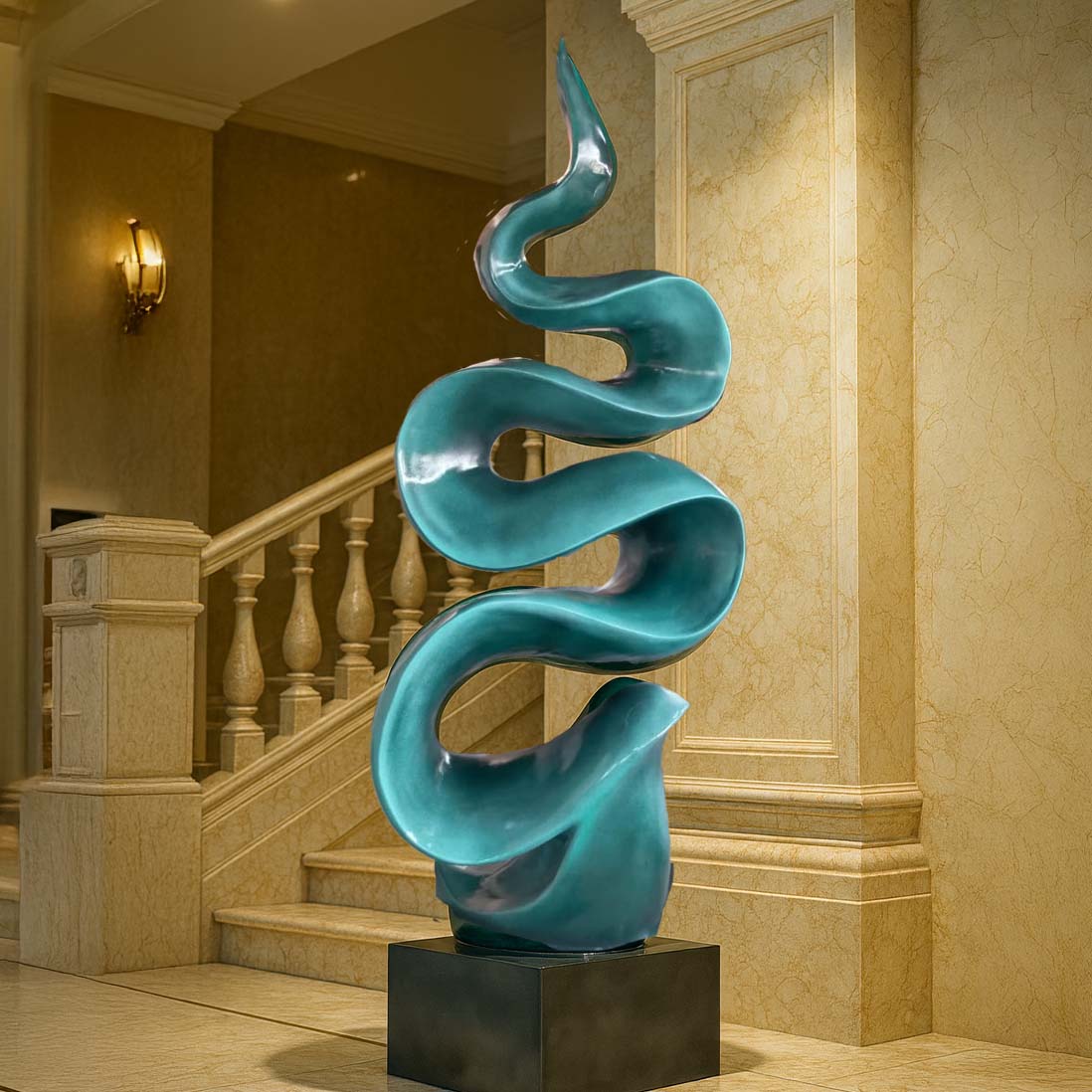 Contemporary abstract wave-inspired sculpture in a metallic teal finish, mounted on a black pedestal, displayed in a luxurious indoor setting with a grand staircase backdrop.