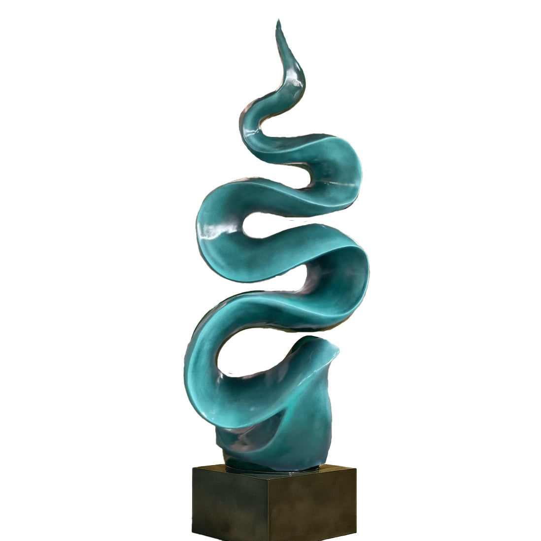 Contemporary abstract wave-inspired sculpture in a metallic teal finish, mounted on a black pedestal, displayed in a luxurious indoor setting with a grand staircase backdrop.