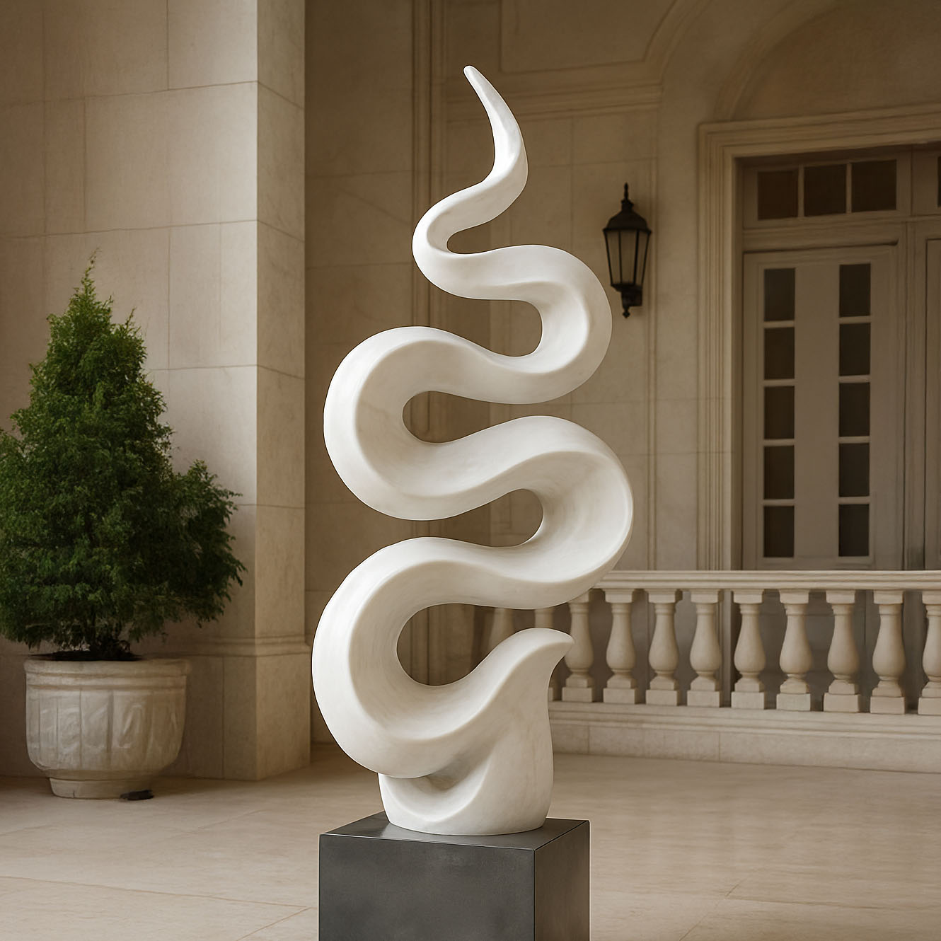 Modern abstract wave-inspired sculpture with a smooth white finish, mounted on a dark pedestal base, showcased in a luxurious courtyard with classic stone architecture.