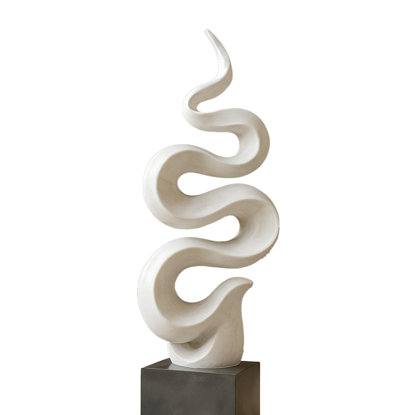 Modern abstract wave-inspired sculpture with a smooth white finish, mounted on a dark pedestal base, showcased in a luxurious courtyard with classic stone architecture.