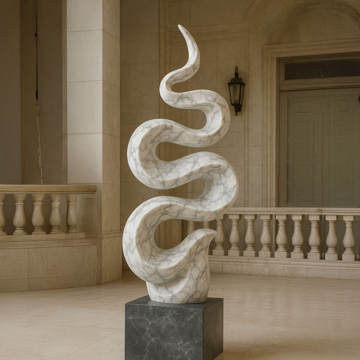 Stylish abstract wave-inspired sculpture in a white marble finish with natural veining, mounted on a dark pedestal, displayed in a grand architectural courtyard.