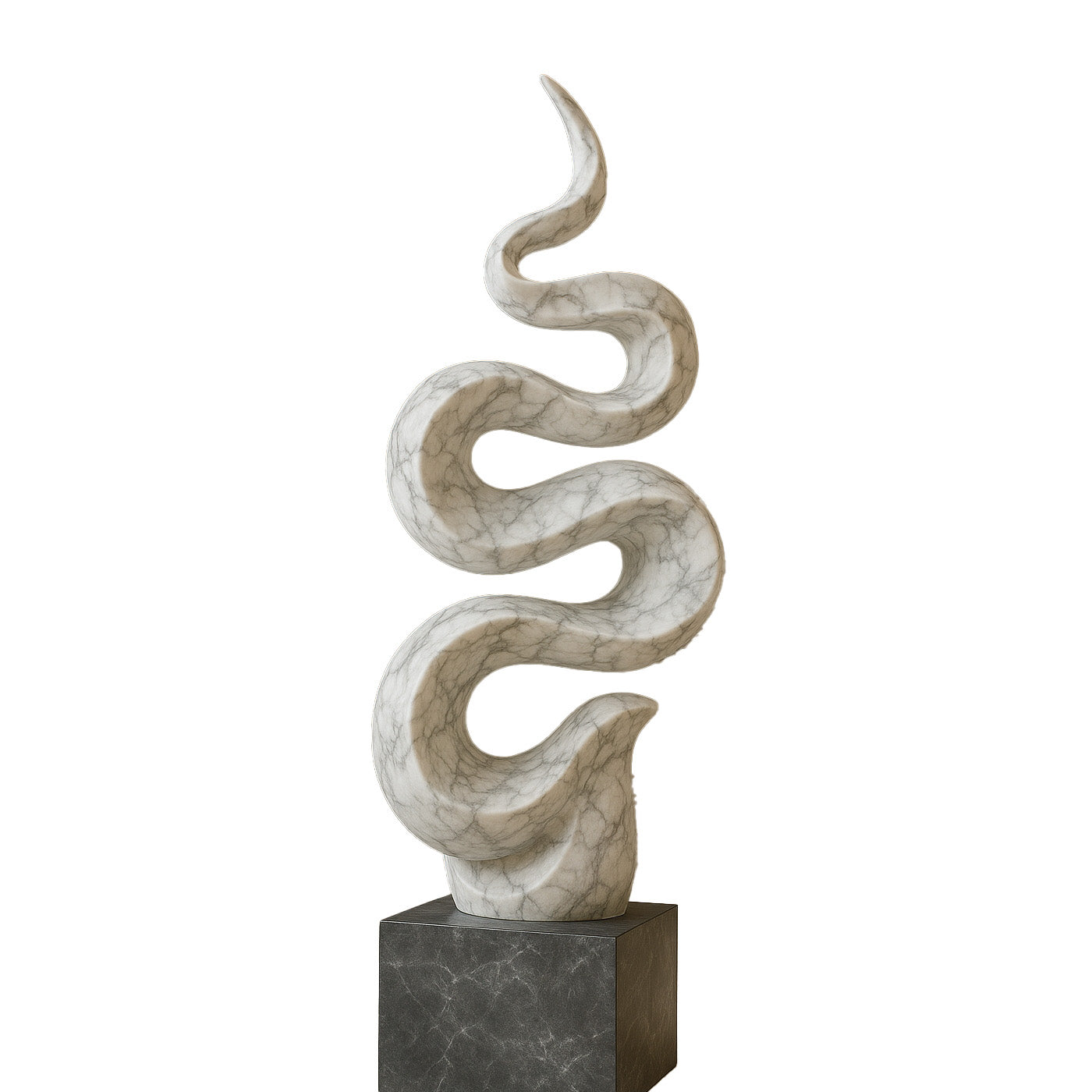 Stylish abstract wave-inspired sculpture in a white marble finish with natural veining, mounted on a dark pedestal, displayed in a grand architectural courtyard.
