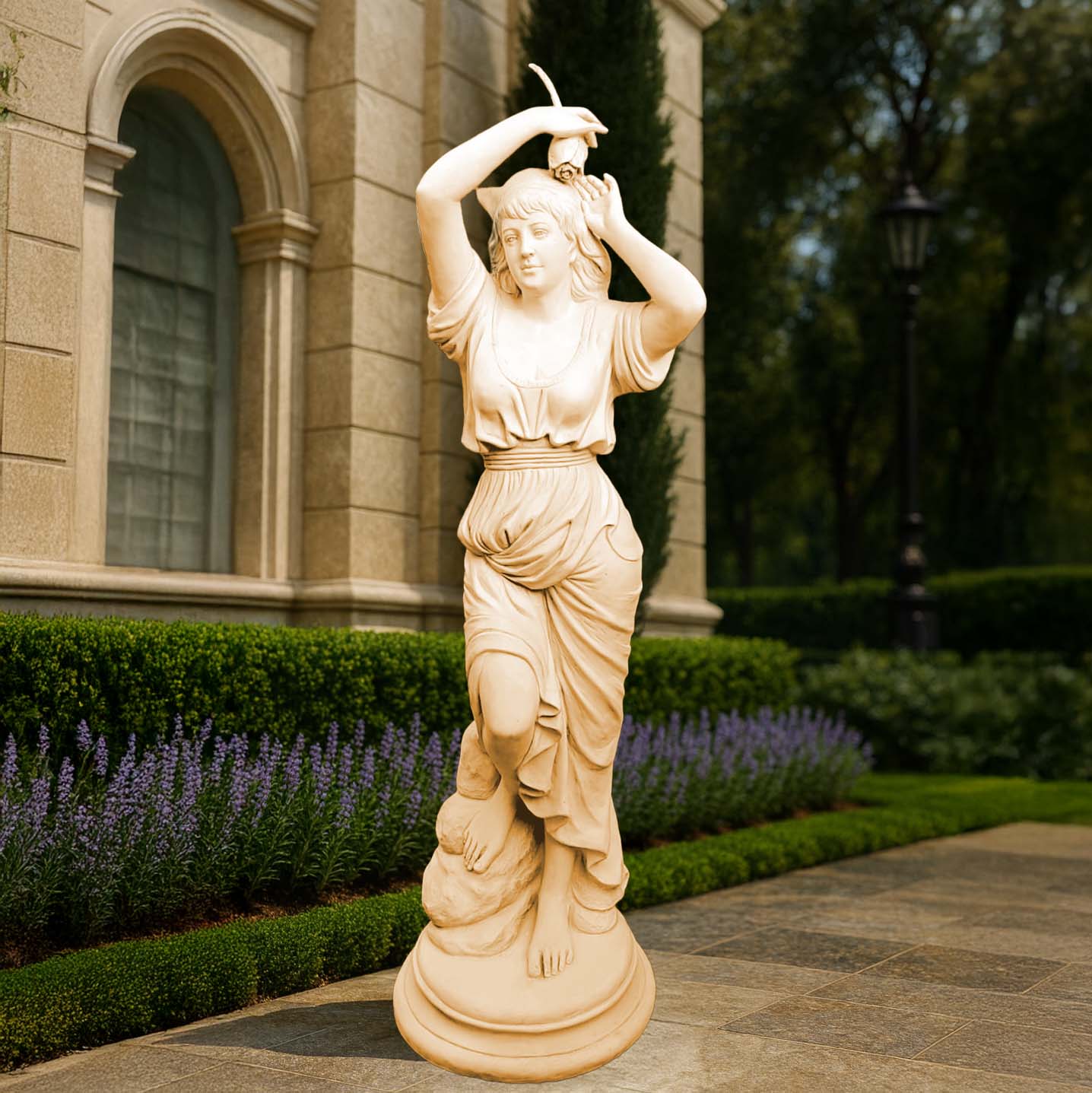 Exquisite beige sculpture of a classical dancing lady with flowing attire, placed in a luxury garden courtyard with stone architecture and lush greenery.