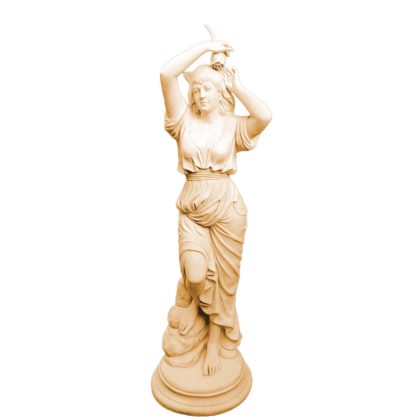 Exquisite beige sculpture of a classical dancing lady with flowing attire, placed in a luxury garden courtyard with stone architecture and lush greenery.