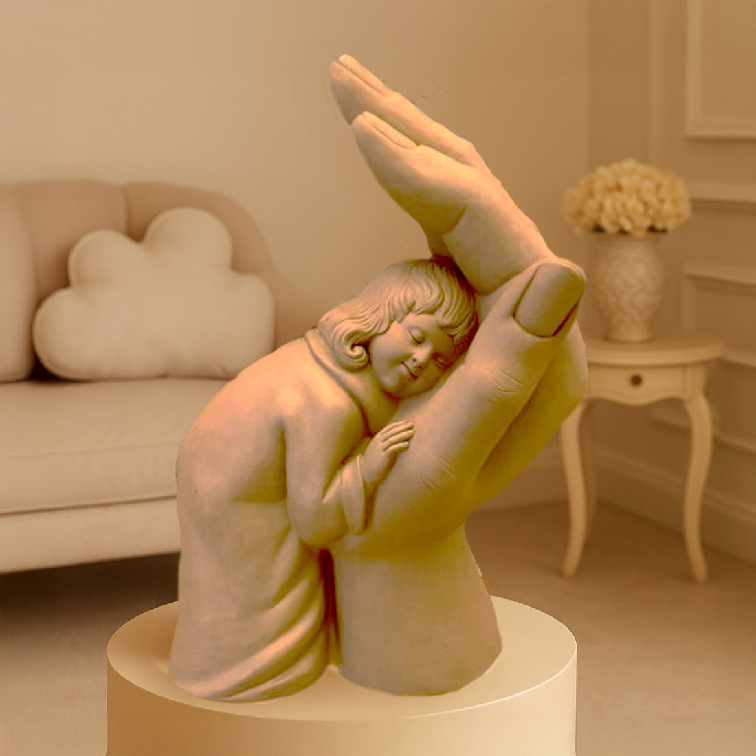 Elegant beige sculpture of a child resting peacefully in a protective hand, symbolizing love, safety, and comfort, displayed in a cozy living room setting.