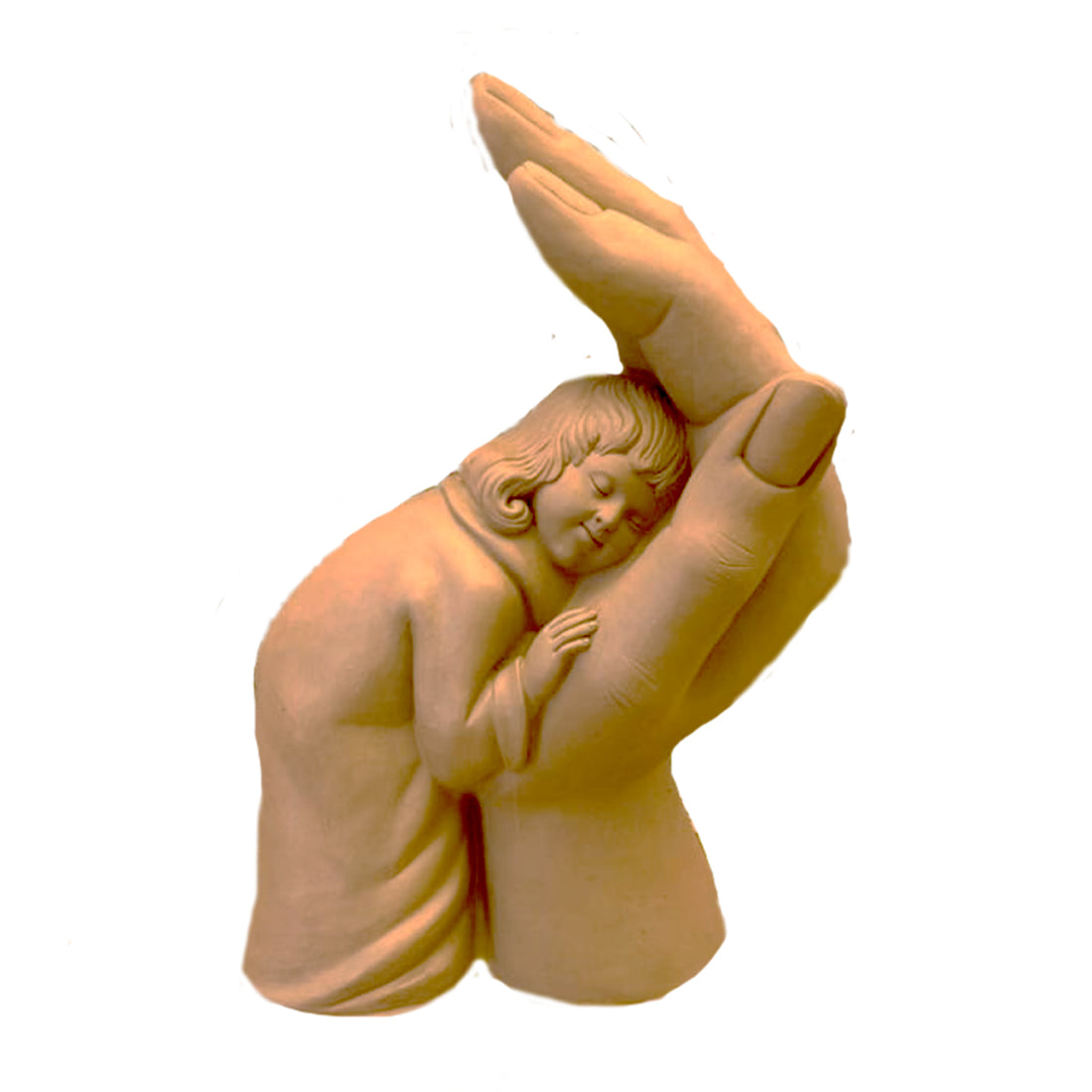 Elegant beige sculpture of a child resting peacefully in a protective hand, symbolizing love, safety, and comfort, displayed in a cozy living room setting.