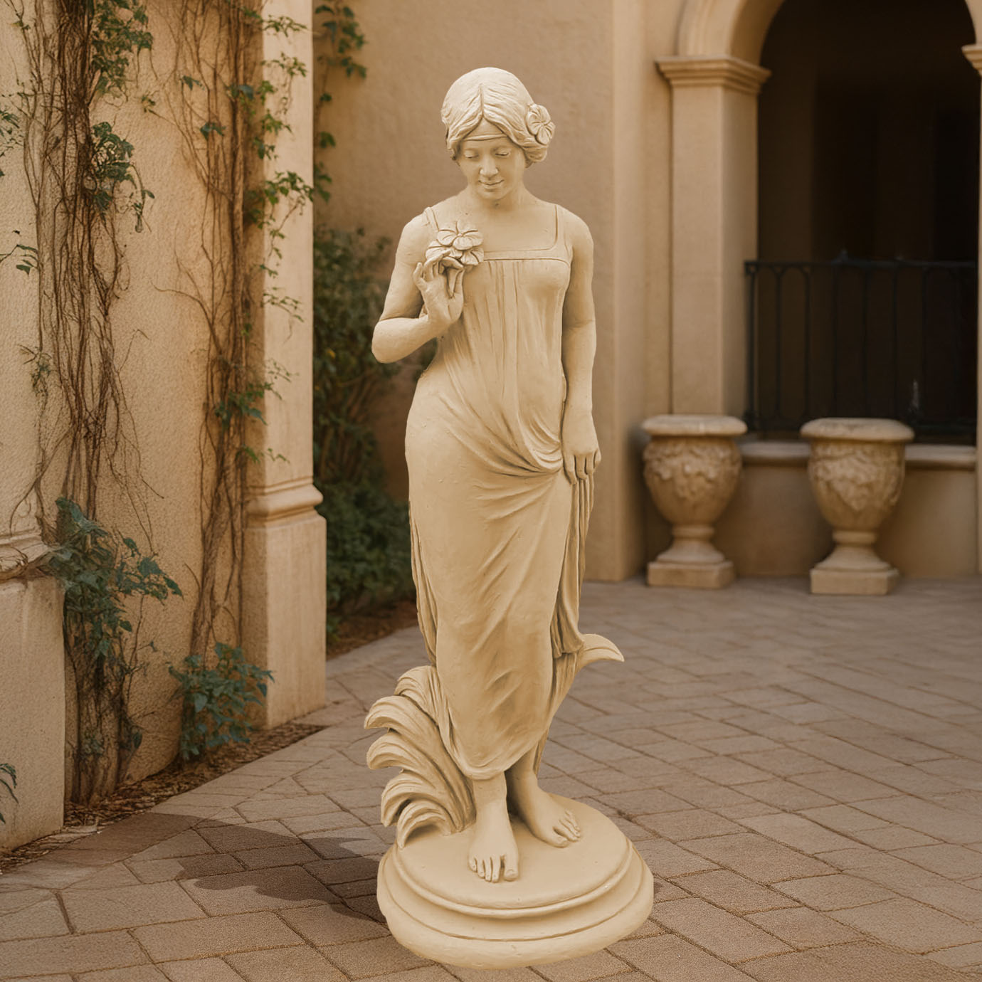 Elegant beige lady sculpture holding a flower, designed with flowing drapery and placed in a Mediterranean-style courtyard with stone walls and planters.