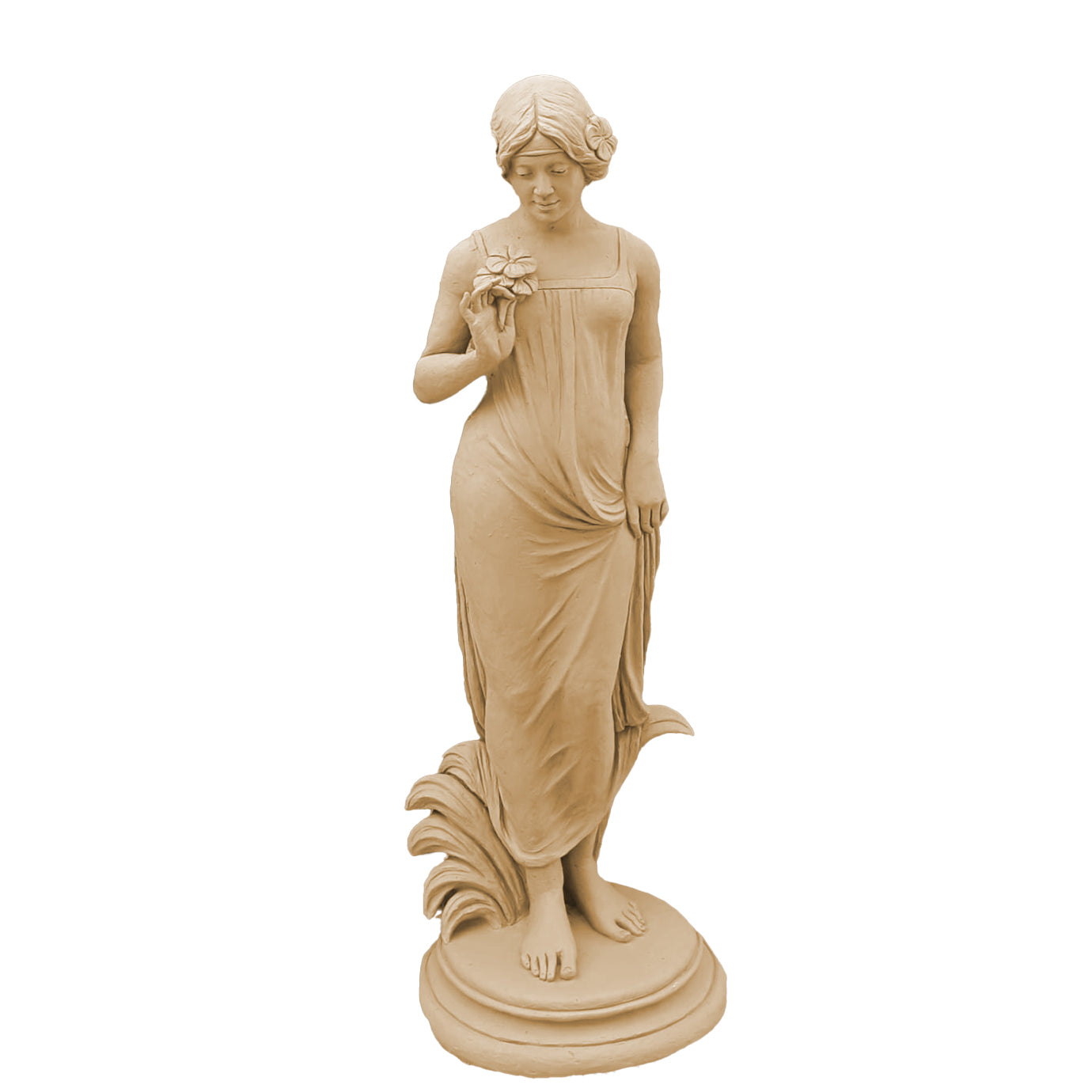 Elegant beige lady sculpture holding a flower, designed with flowing drapery and placed in a Mediterranean-style courtyard with stone walls and planters.
