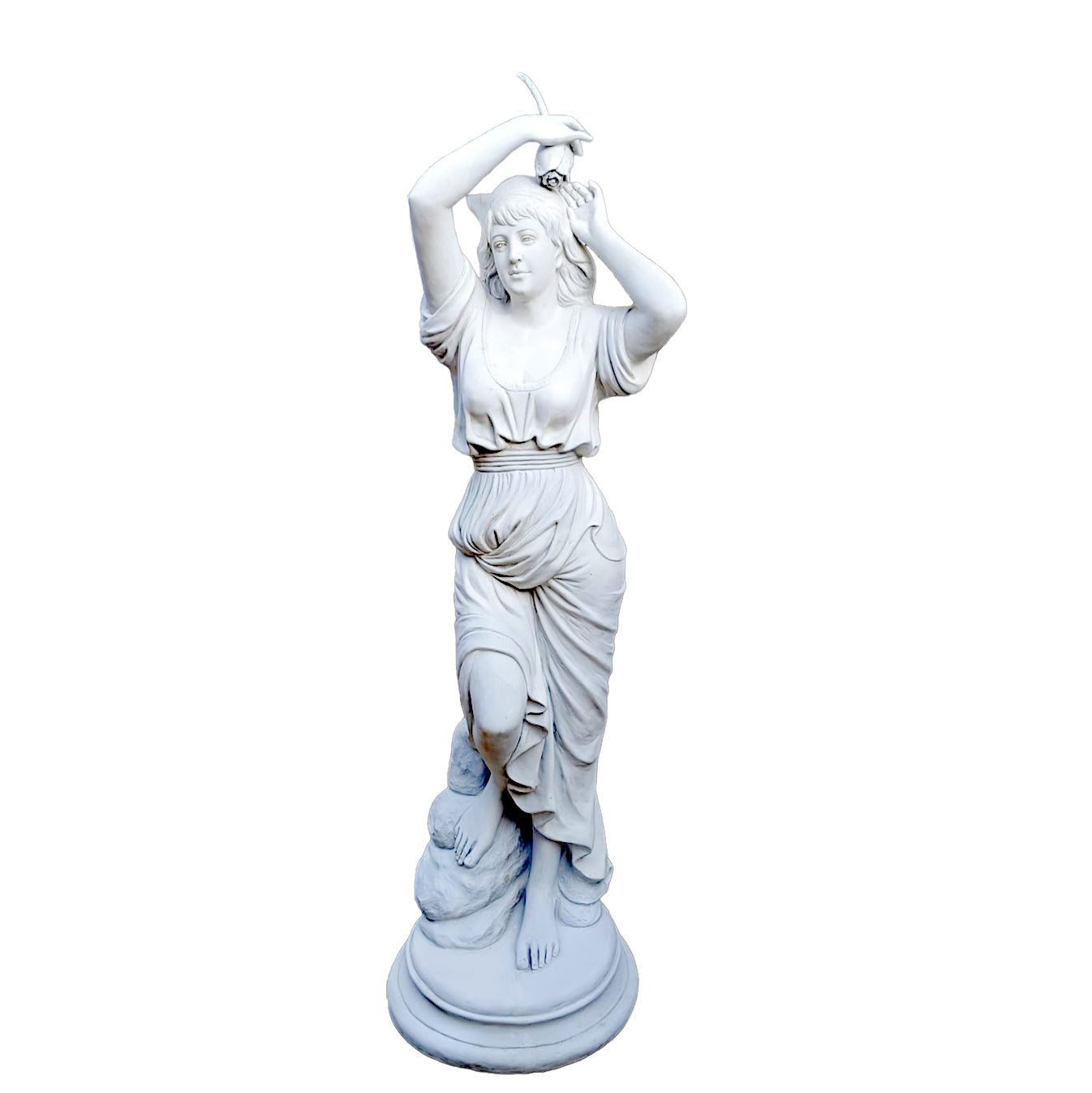 Elegant blue sculpture of a classical dancing lady with detailed drapery, showcased in a grand courtyard with arched architecture and lily pond.