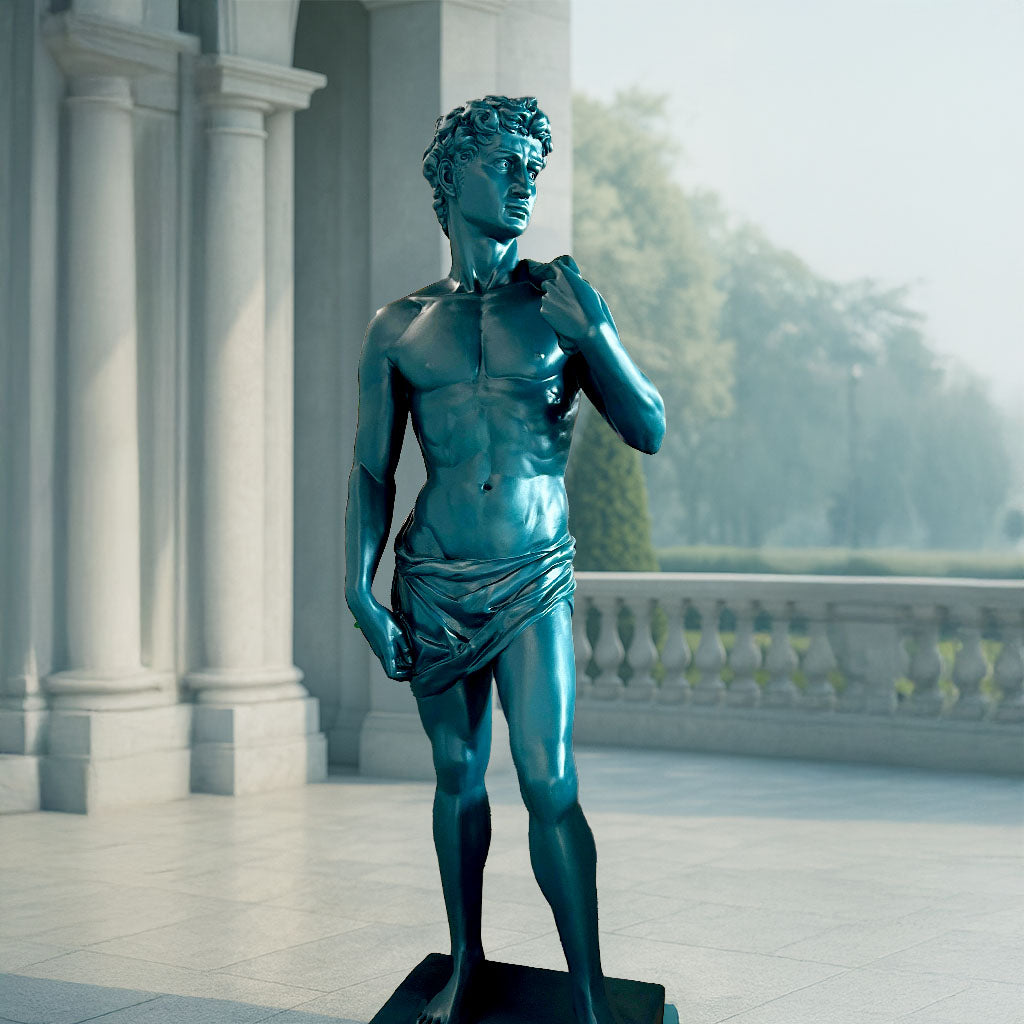 Striking blue metallic finish sculpture inspired by Michelangelo’s David, showcased in a grand outdoor courtyard with classic columns and scenic backdrop.