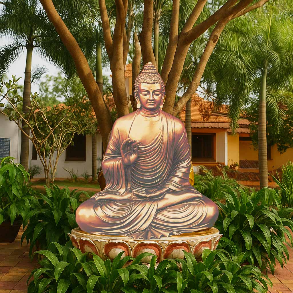 Majestic Buddha statue in a bronze metallic finish, seated in lotus posture on a decorative pedestal, placed outdoors in a lush garden with tropical trees and greenery.