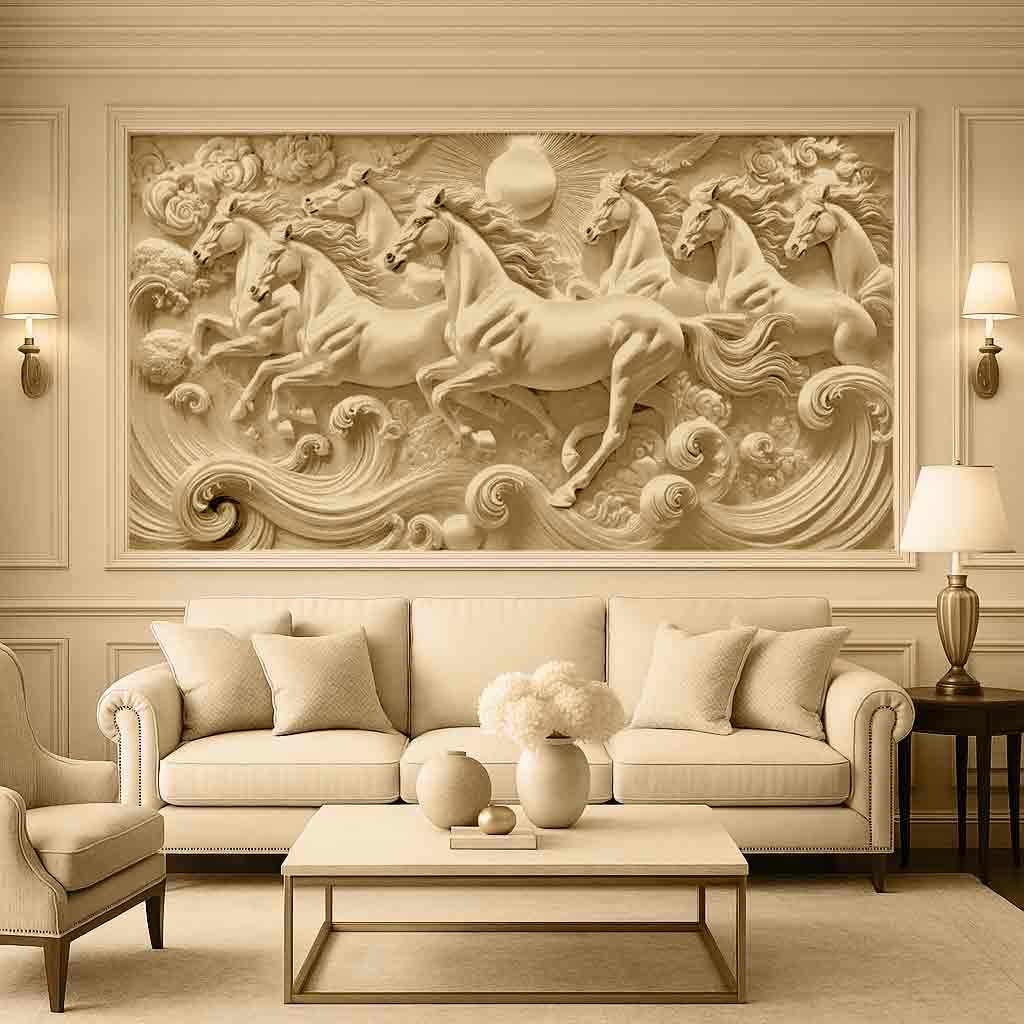 Seven Running Horses 3D Wall Mural – Handcrafted Resin Art for Vastu & Luxury Interiors