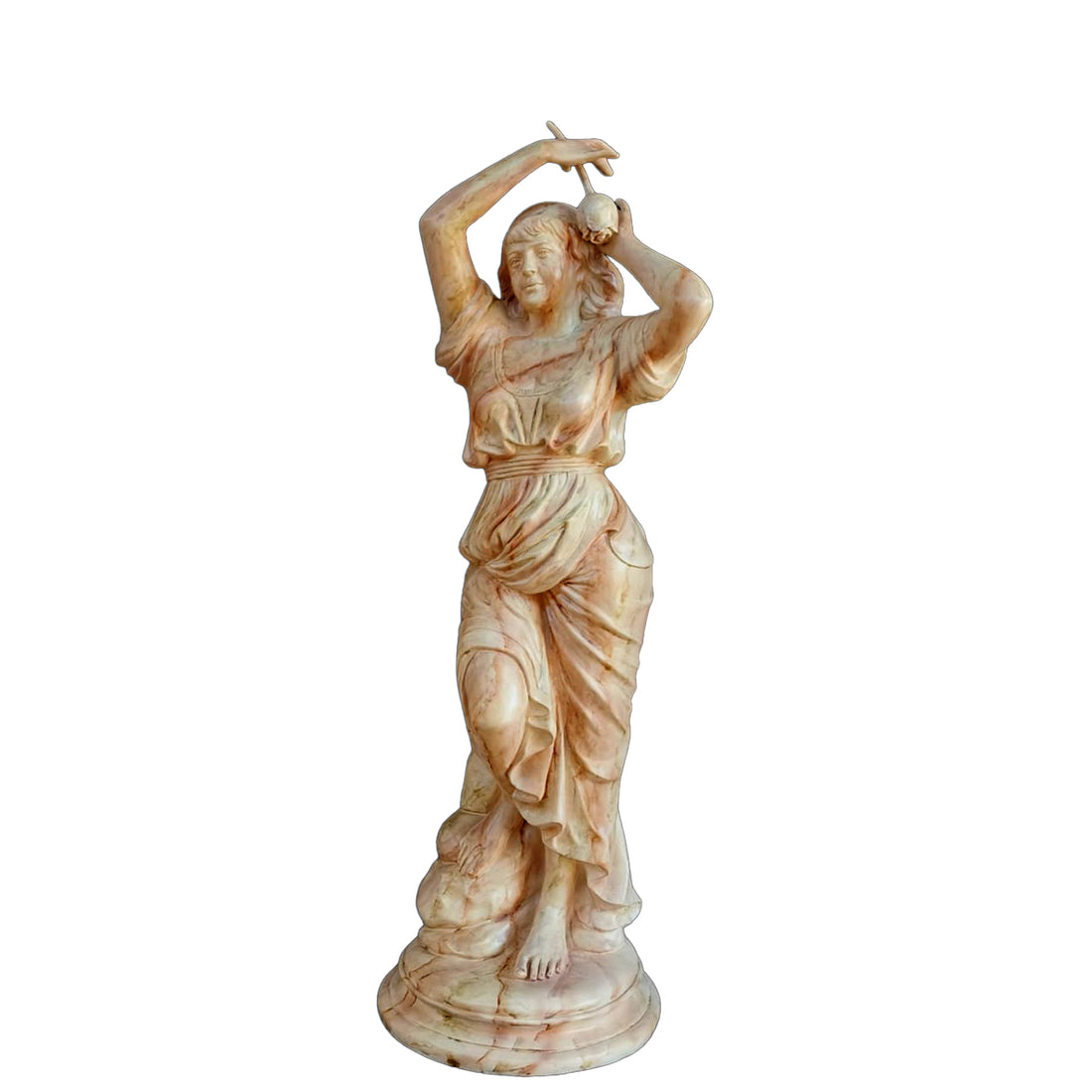 Graceful marble-finish sculpture of a dancing lady with flowing drapery, displayed in a luxurious outdoor villa setting near a pool and garden.