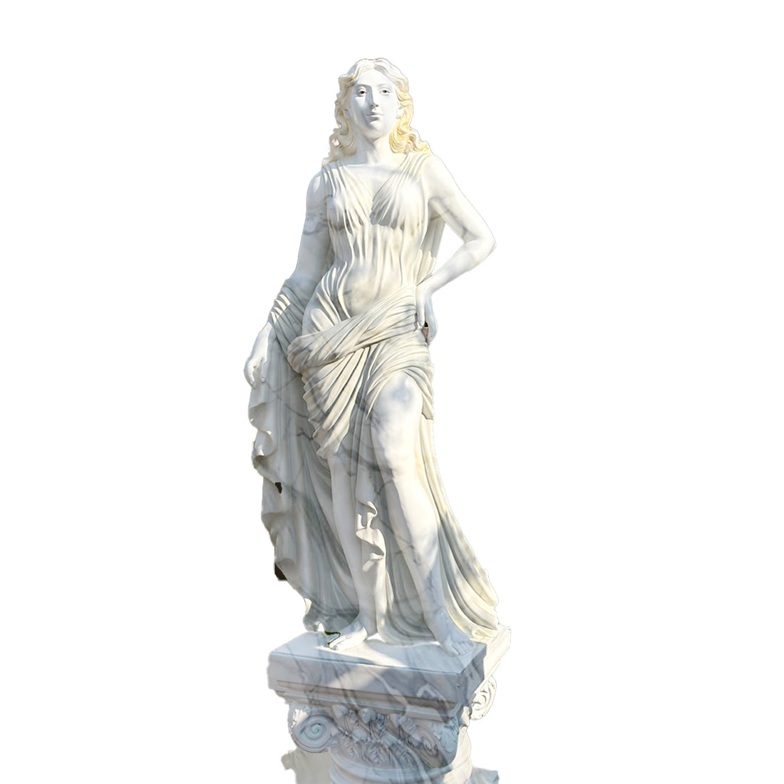 Graceful white marble-finish sculpture of a classical lady in flowing drapery, mounted on an ornate pedestal and displayed in a luxurious garden courtyard.