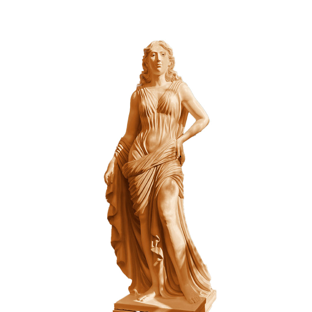 Elegant terracotta beige finish sculpture of a classical lady in flowing drapery, displayed in a Mediterranean-style courtyard with green shutters and potted plants.
