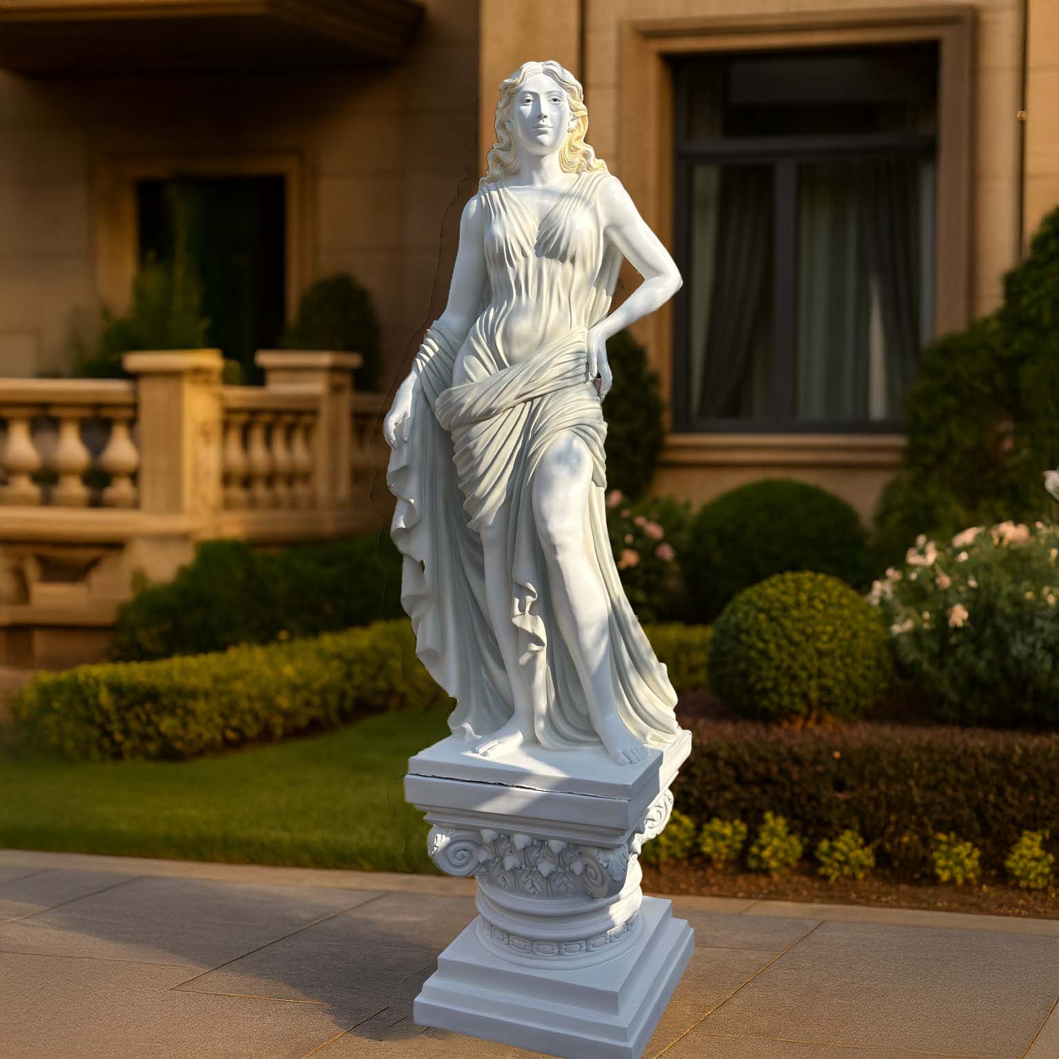 Graceful white marble-finish sculpture of a classical lady in flowing drapery, mounted on an ornate pedestal and displayed in a luxurious garden courtyard.