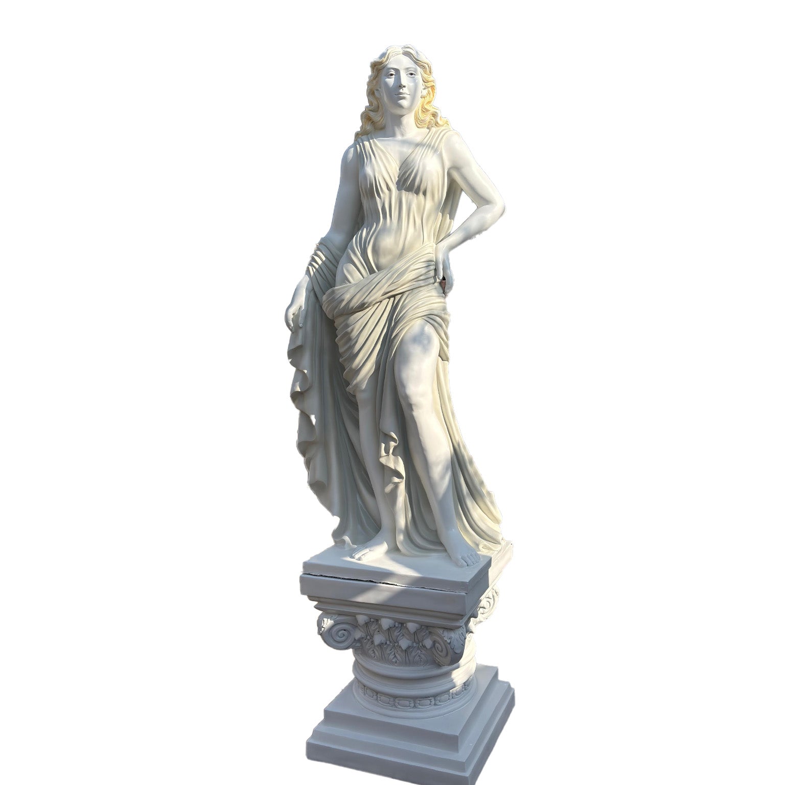 Graceful white marble-finish sculpture of a classical lady in flowing drapery, mounted on an ornate pedestal and displayed in a luxurious garden courtyard.