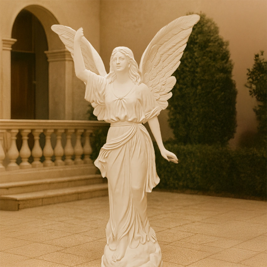 "Elegant beige fairy lady angel sculpture with detailed wings, crafted in fiberglass and resin, placed outdoors against a villa-style balcony and manicured greenery."