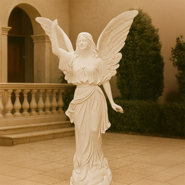 "Elegant beige fairy lady angel sculpture with detailed wings, crafted in fiberglass and resin, placed outdoors against a villa-style balcony and manicured greenery."