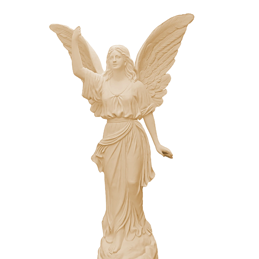 "Elegant beige fairy lady angel sculpture with detailed wings, crafted in fiberglass and resin, placed outdoors against a villa-style balcony and manicured greenery."