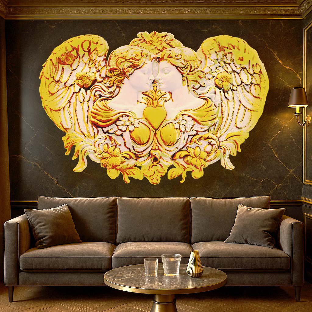 Elegant golden high-relief wall mural featuring two angelic figures with outstretched wings and a central heart motif, displayed in a luxurious modern living room setting.