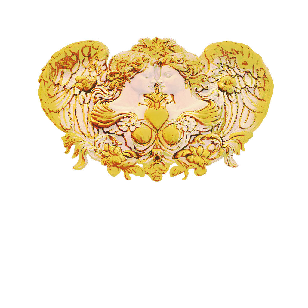 Elegant golden high-relief wall mural featuring two angelic figures with outstretched wings and a central heart motif, displayed in a luxurious modern living room setting.
