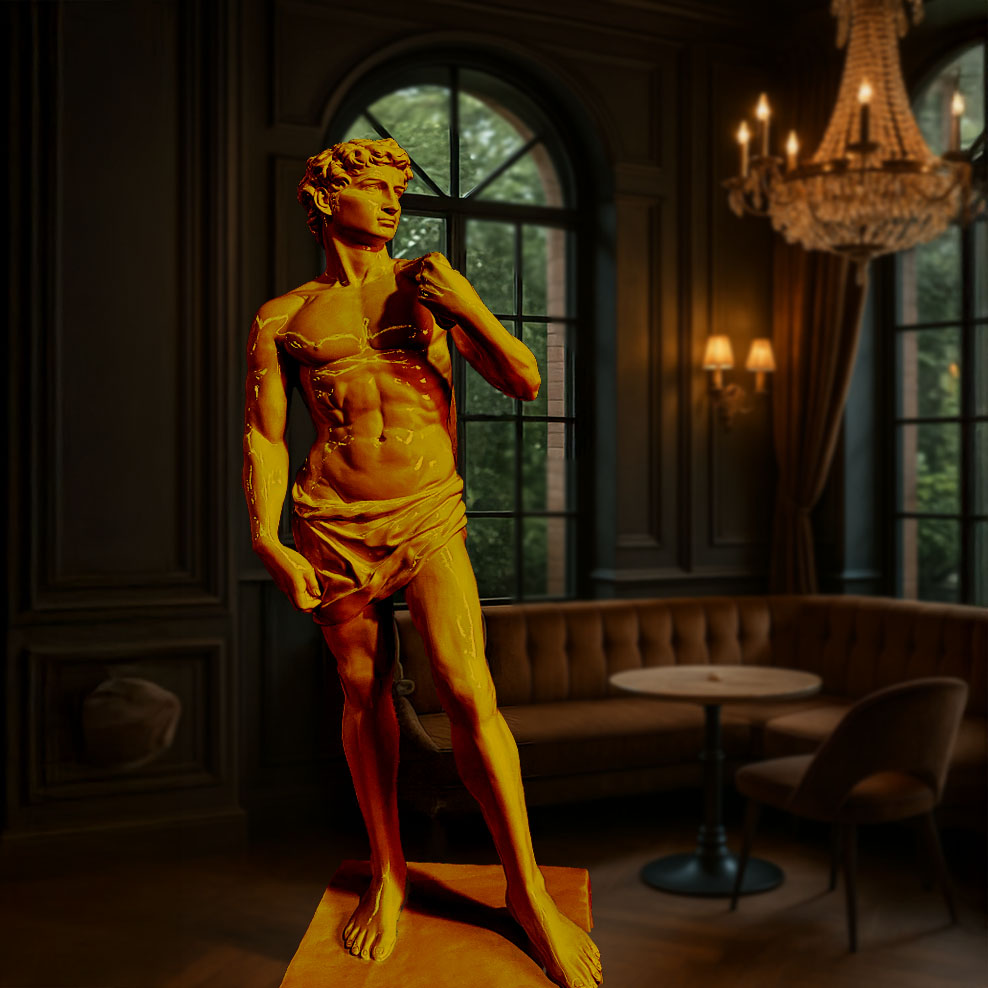 Opulent golden finish sculpture inspired by Michelangelo’s David, placed in a regal interior with chandeliers, tufted seating, and vintage décor.