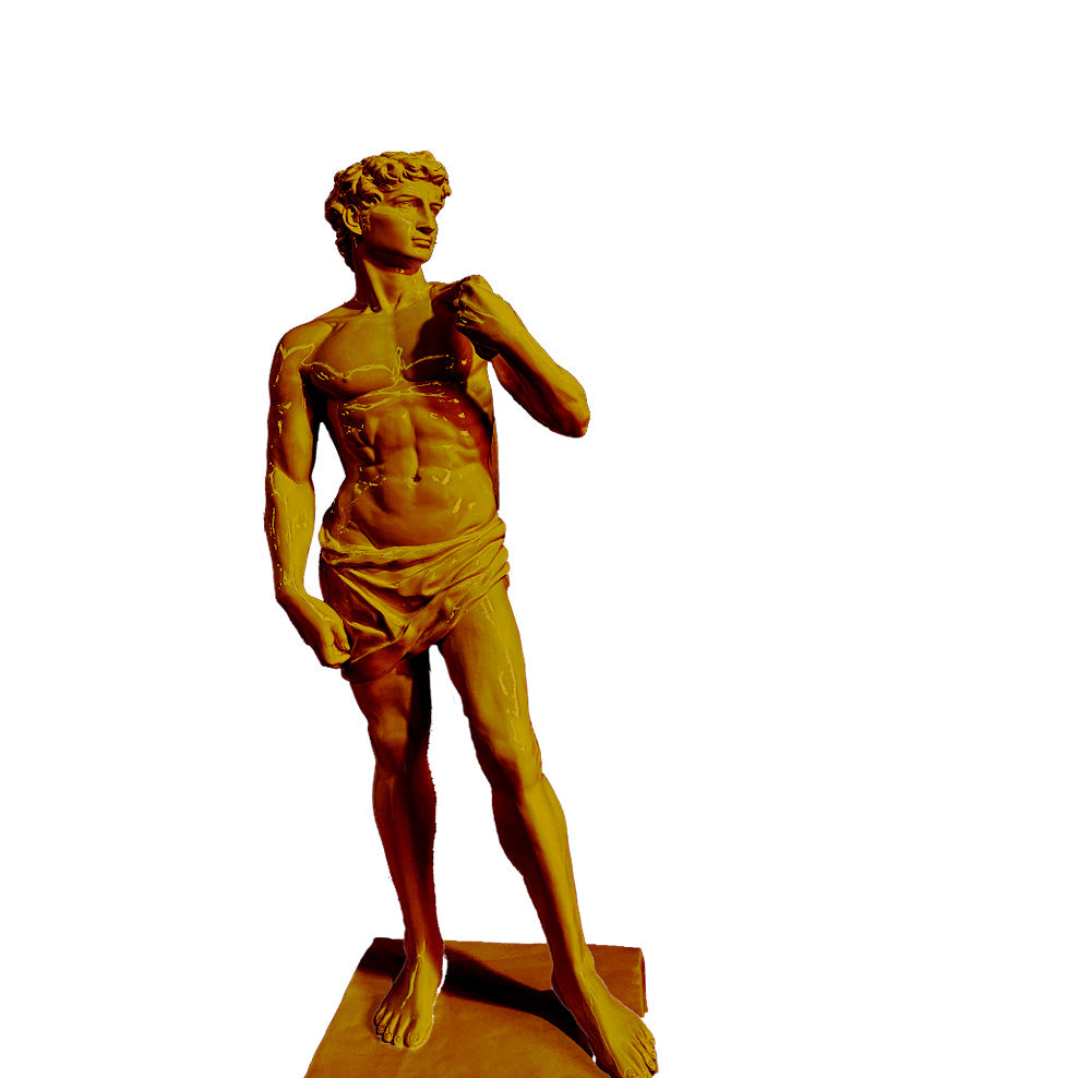 Opulent golden finish sculpture inspired by Michelangelo’s David, placed in a regal interior with chandeliers, tufted seating, and vintage décor.