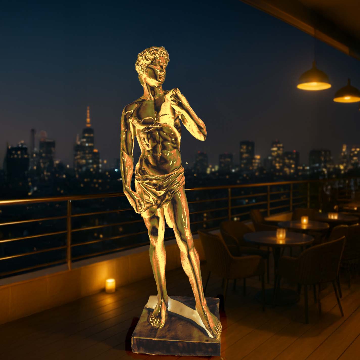 Shimmering golden finish David sculpture inspired by Michelangelo’s masterpiece, placed on a rooftop terrace with city skyline views and ambient night lighting.