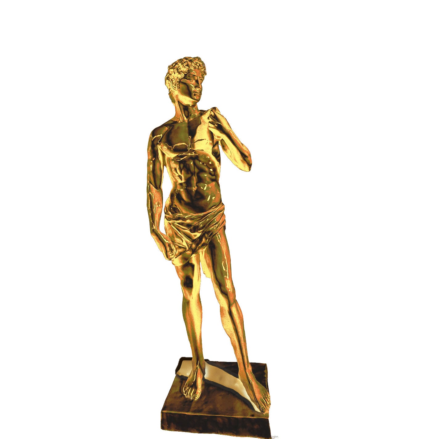 Shimmering golden finish David sculpture inspired by Michelangelo’s masterpiece, placed on a rooftop terrace with city skyline views and ambient night lighting.