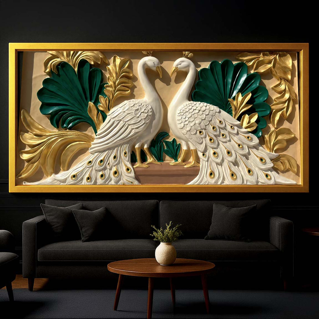 Exquisite handcrafted wall mural featuring a pair of elegant white peacocks with detailed feathers, framed in gold and accented with lush green and golden leaves, displayed in a sophisticated living room setting.