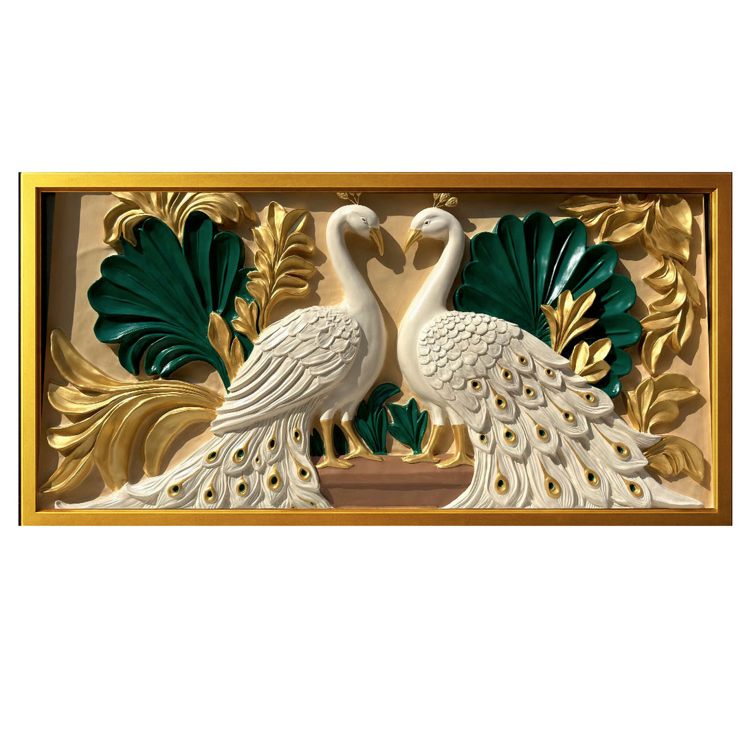 Exquisite handcrafted wall mural featuring a pair of elegant white peacocks with detailed feathers, framed in gold and accented with lush green and golden leaves, displayed in a sophisticated living room setting.