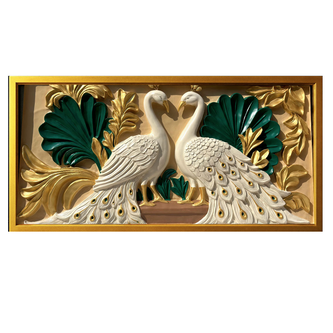Exquisite handcrafted wall mural featuring a pair of elegant white peacocks with detailed feathers, framed in gold and accented with lush green and golden leaves, displayed in a sophisticated living room setting.