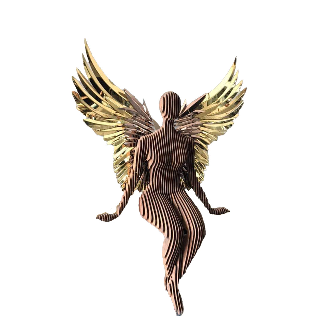 Contemporary abstract sculpture of a seated human figure with layered wooden-like body design and radiant golden wings, displayed elegantly in a luxurious indoor lobby setting.