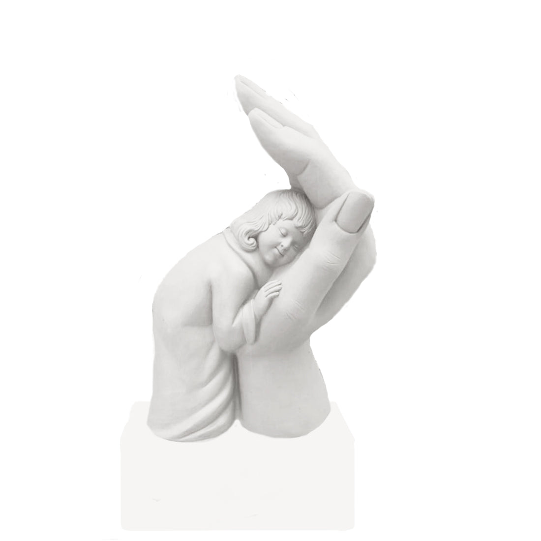 White handcrafted sculpture of a child peacefully resting in a protective hand, symbolizing care, safety, and love, placed in a serene nursery setting.