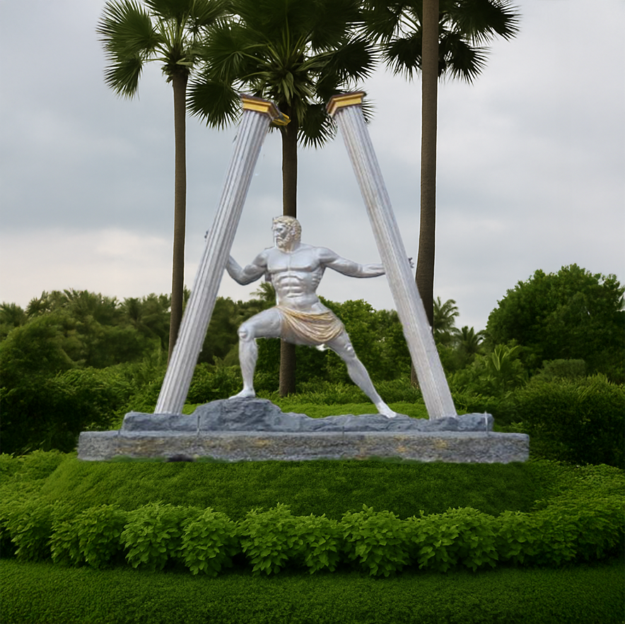 Striking outdoor sculpture of a muscular warrior in a powerful stance, holding apart two broken pillars, symbolizing might and endurance, showcased in a lush green garden with tall palm trees.