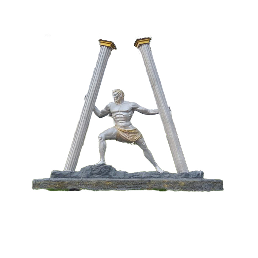 Striking outdoor sculpture of a muscular warrior in a powerful stance, holding apart two broken pillars, symbolizing might and endurance, showcased in a lush green garden with tall palm trees.