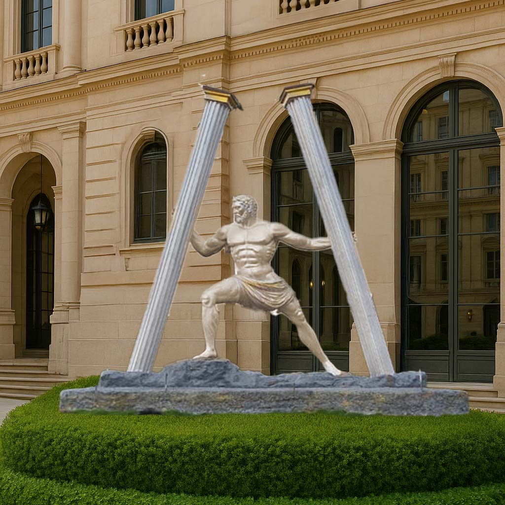 Grand outdoor sculpture depicting a muscular classical warrior in a powerful stance, holding two broken pillars apart, symbolizing strength and resilience, displayed in front of a neoclassical building façade.