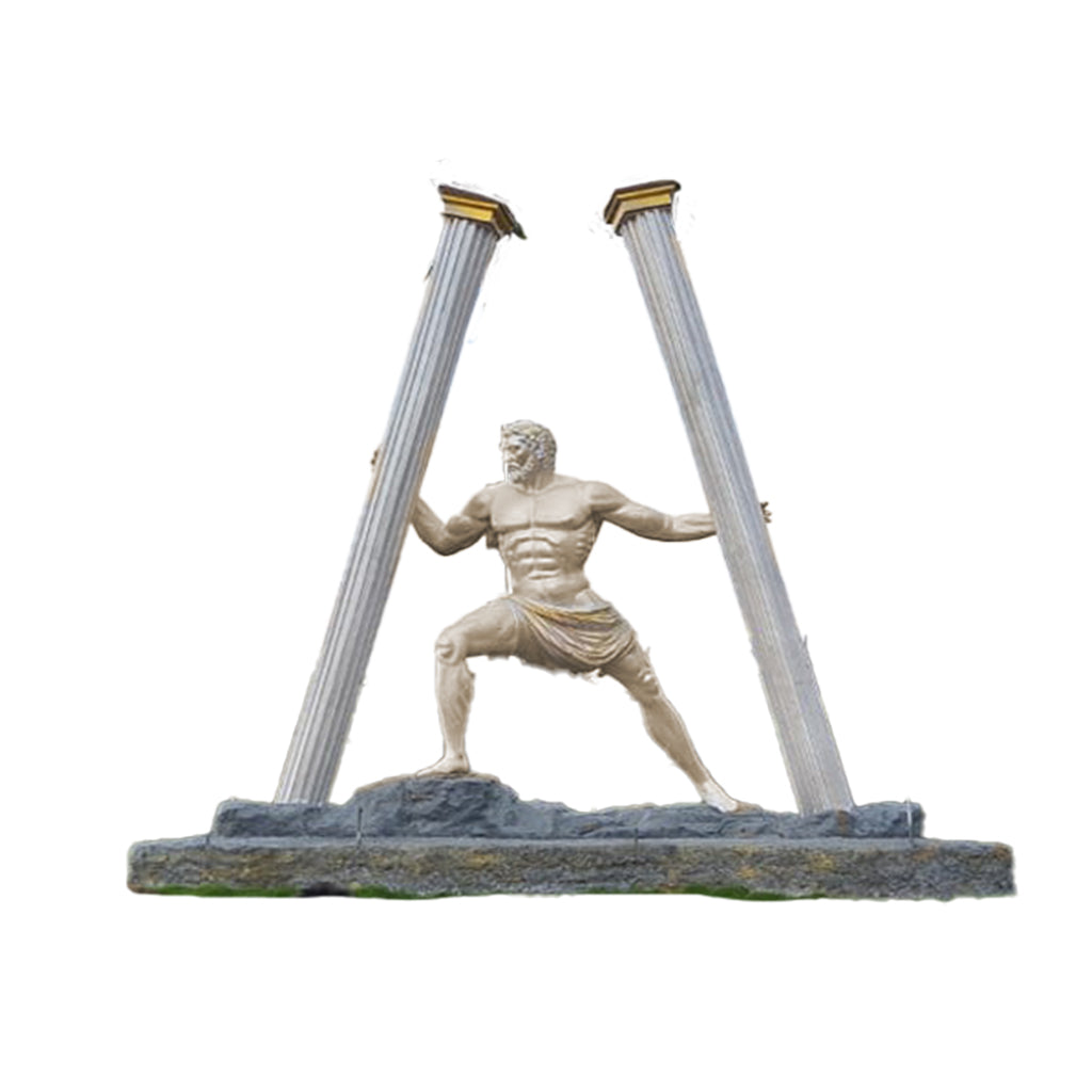 Grand outdoor sculpture depicting a muscular classical warrior in a powerful stance, holding two broken pillars apart, symbolizing strength and resilience, displayed in front of a neoclassical building façade.