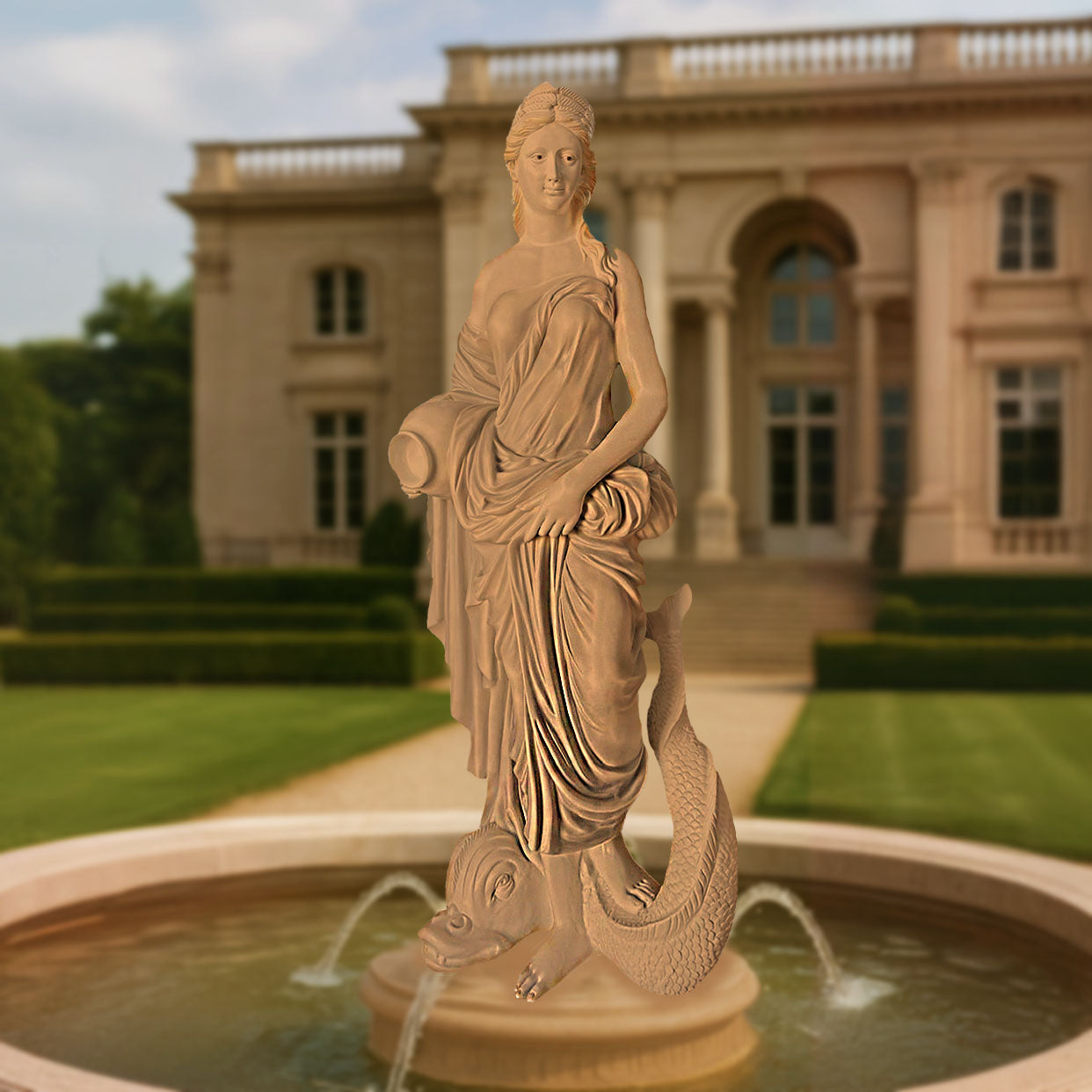 Classical beige stone-finish fountain sculpture of a graceful lady alongside an ancient Greek-inspired sea creature, installed in a grand garden courtyard with flowing water.