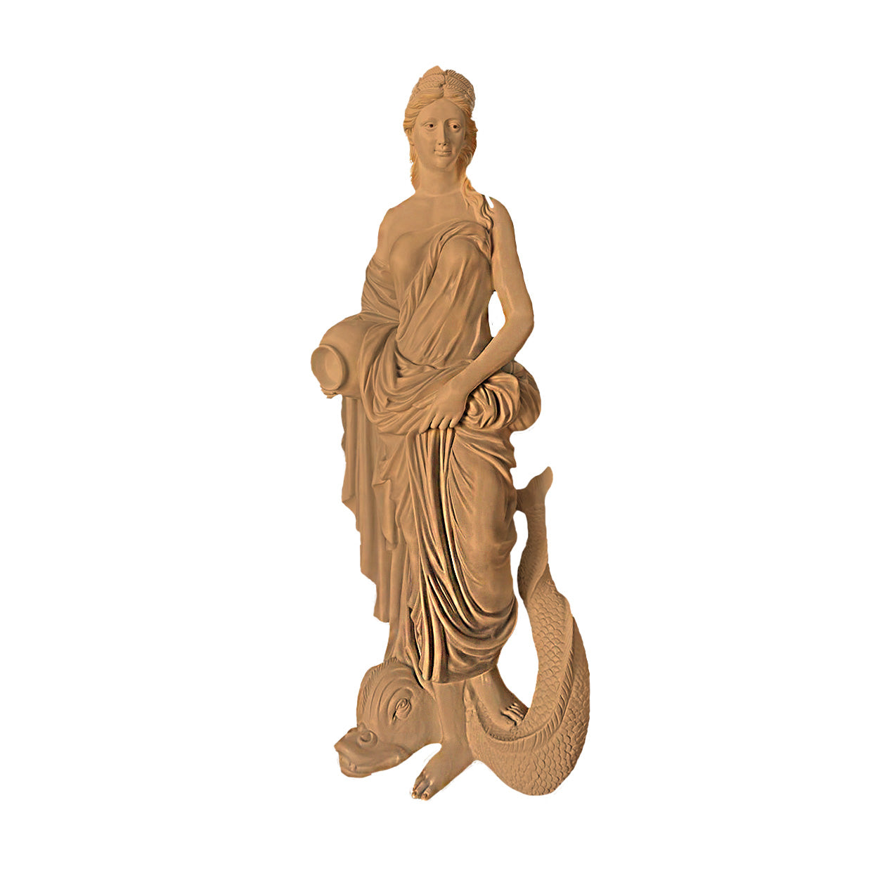 Classical beige stone-finish fountain sculpture of a graceful lady alongside an ancient Greek-inspired sea creature, installed in a grand garden courtyard with flowing water.