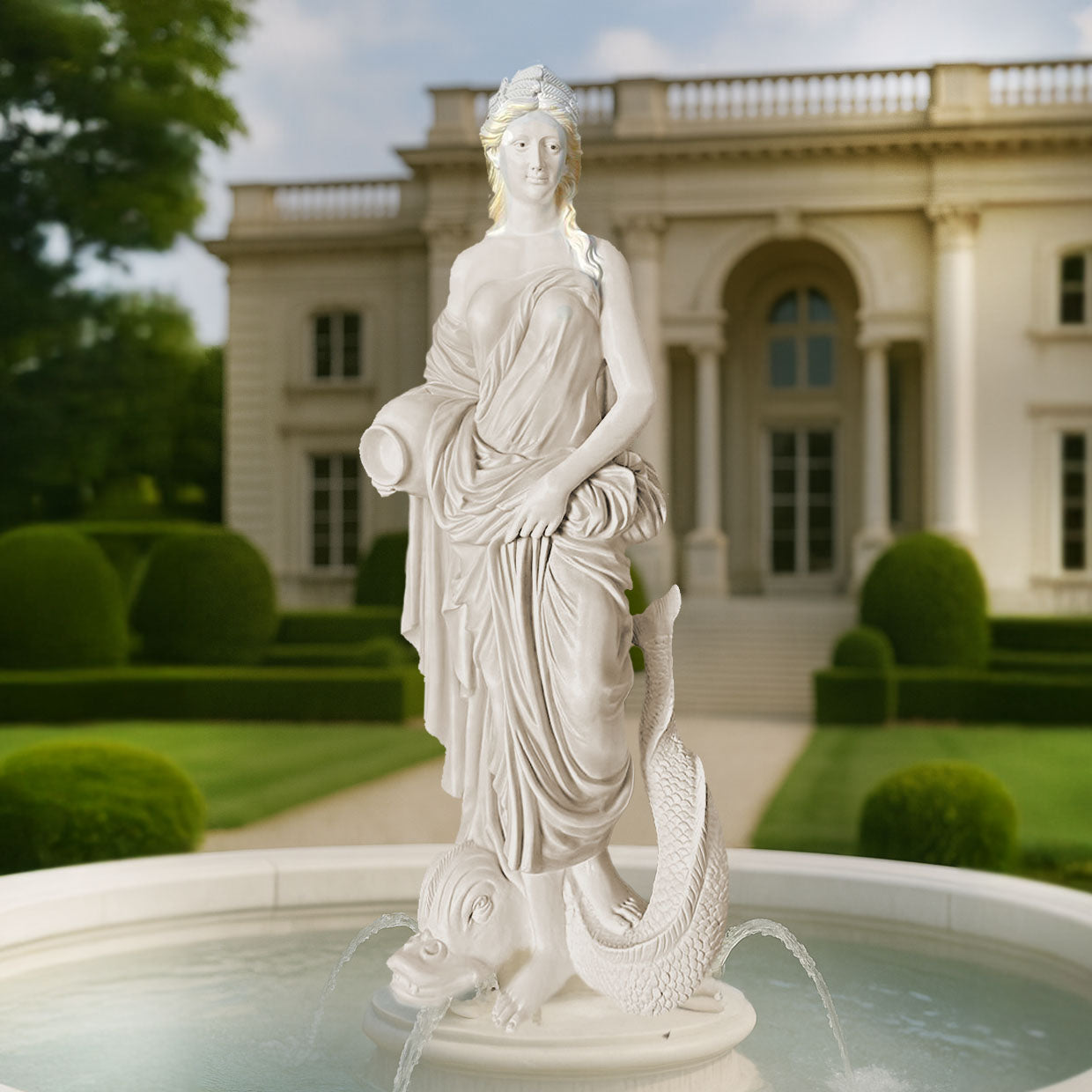 Stunning polished white marble-finish fountain sculpture depicting a classical lady with an ancient Greek-inspired sea creature, set in an opulent garden courtyard with flowing water.