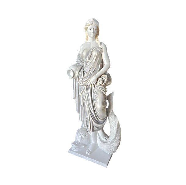 Stunning polished white marble-finish fountain sculpture depicting a classical lady with an ancient Greek-inspired sea creature, set in an opulent garden courtyard with flowing water.