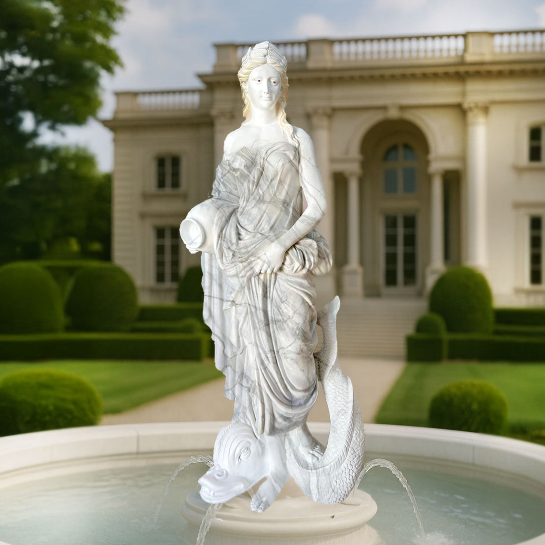 Graceful white marble-finish fountain sculpture featuring a classical lady with an ancient Greek-inspired sea creature, placed in a luxurious garden courtyard with flowing water.