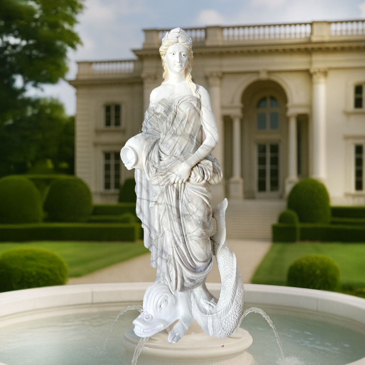 Graceful white marble-finish fountain sculpture featuring a classical lady with an ancient Greek-inspired sea creature, placed in a luxurious garden courtyard with flowing water.
