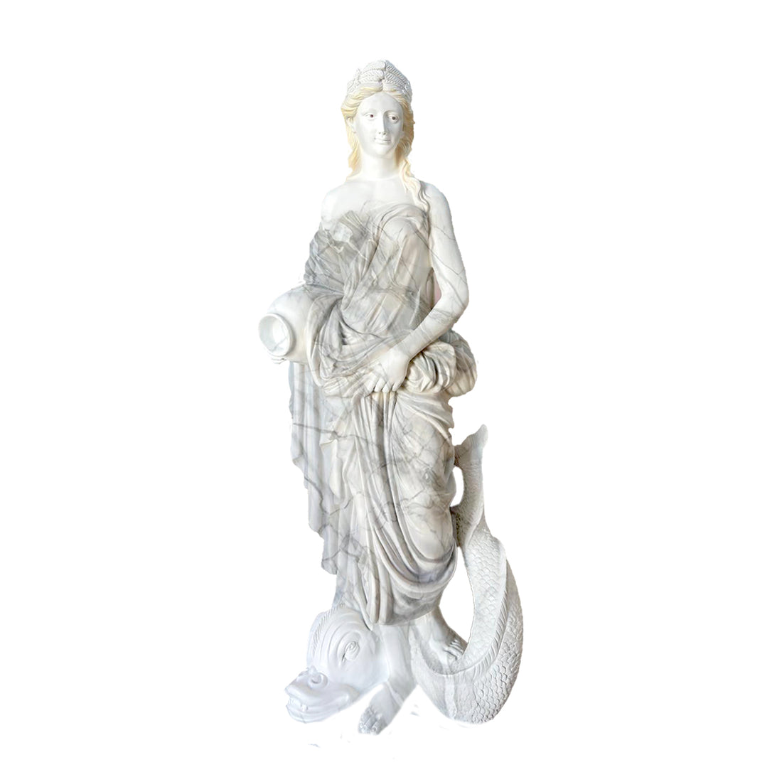 Graceful white marble-finish fountain sculpture featuring a classical lady with an ancient Greek-inspired sea creature, placed in a luxurious garden courtyard with flowing water.