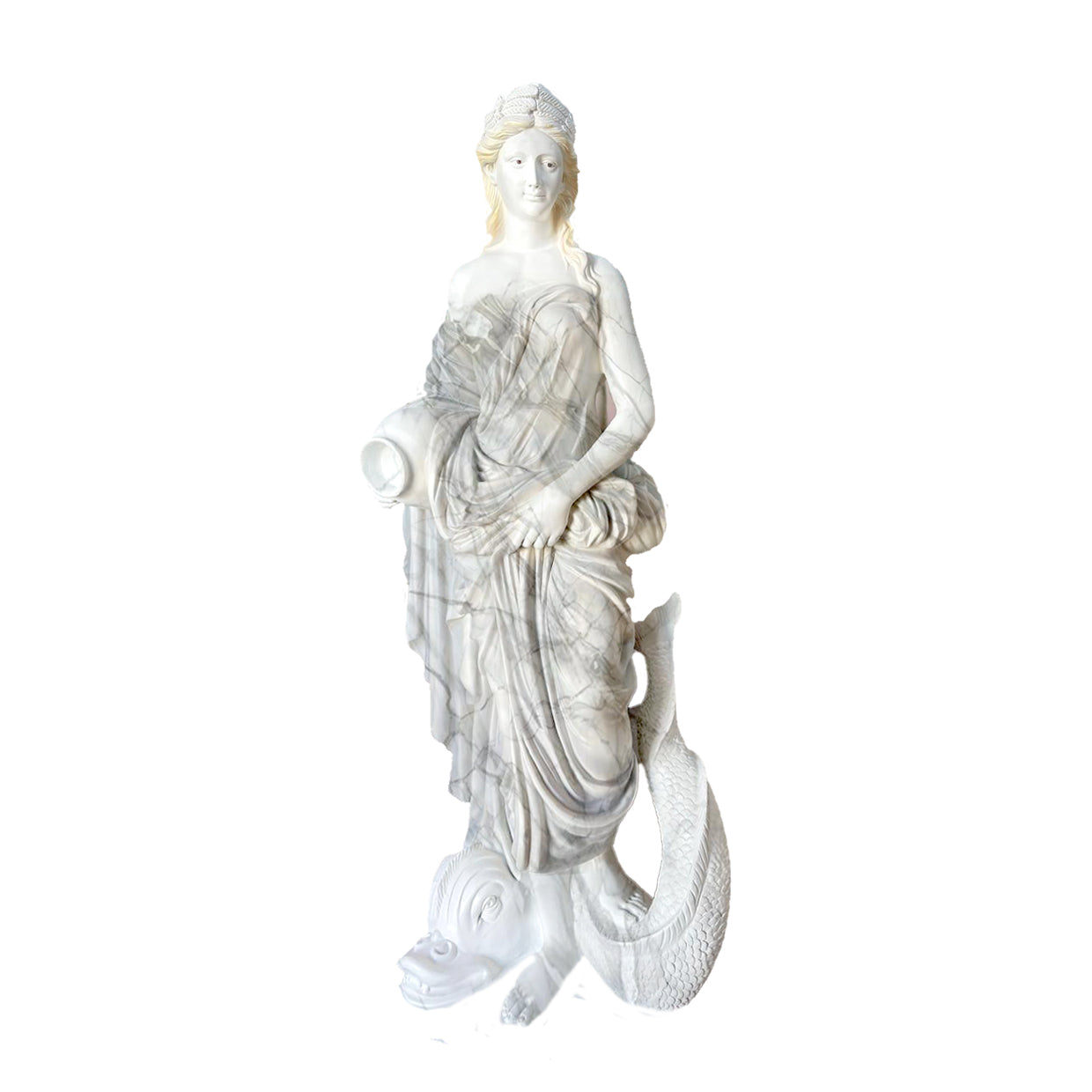 Graceful white marble-finish fountain sculpture featuring a classical lady with an ancient Greek-inspired sea creature, placed in a luxurious garden courtyard with flowing water.